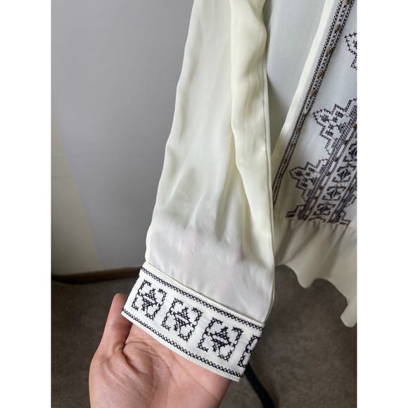 KLD Signature Women's Ruffle Hem Sequin Beaded Embroidered Sheer Blouses Cream L - Picture 5 of 13